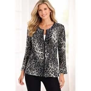 Peck & Peck Gray Leopard Print Sheer Mesh Zip Up Pleated Jacket XL Animal Print